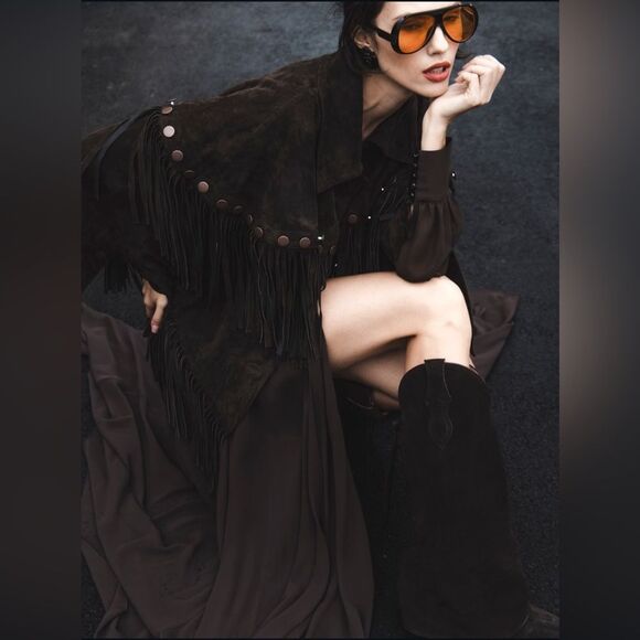Lorena Saravia H&M Fringed Suede Cape Jacket ONE SIZE - Picture 2 of 15